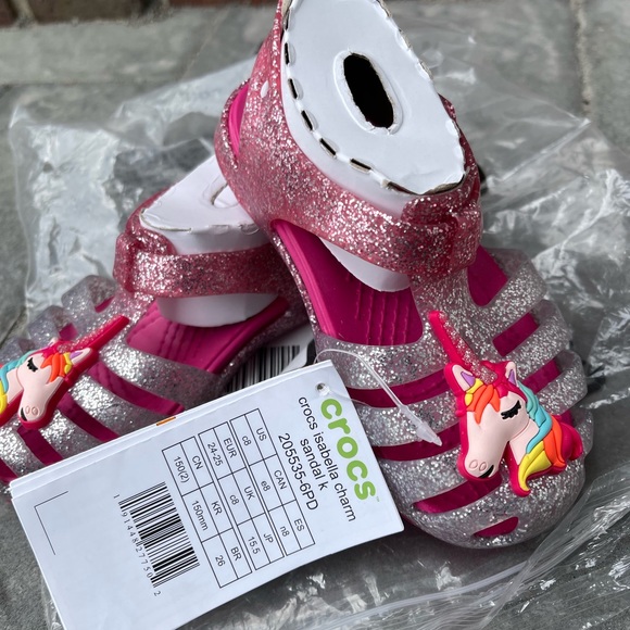 New Crocs Unicorn Charm Glitter Sandals Girls Kids - Picture 2 of 16